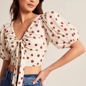 Abercrombie & Fitch | Corset Tie Front Puff Sleeve Top | Small, Polka Dot